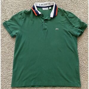 Lacoste Polo Shirt Mens Medium Green Regular‎ Fit Red Blue White Striped Collar